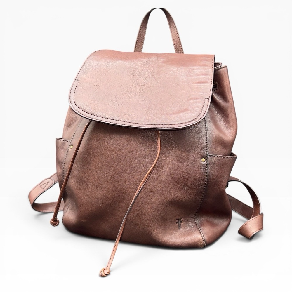 FRYE Brown Leather Backpack Rucksack Drawstring Flap Travel Shoulder Bag Medium